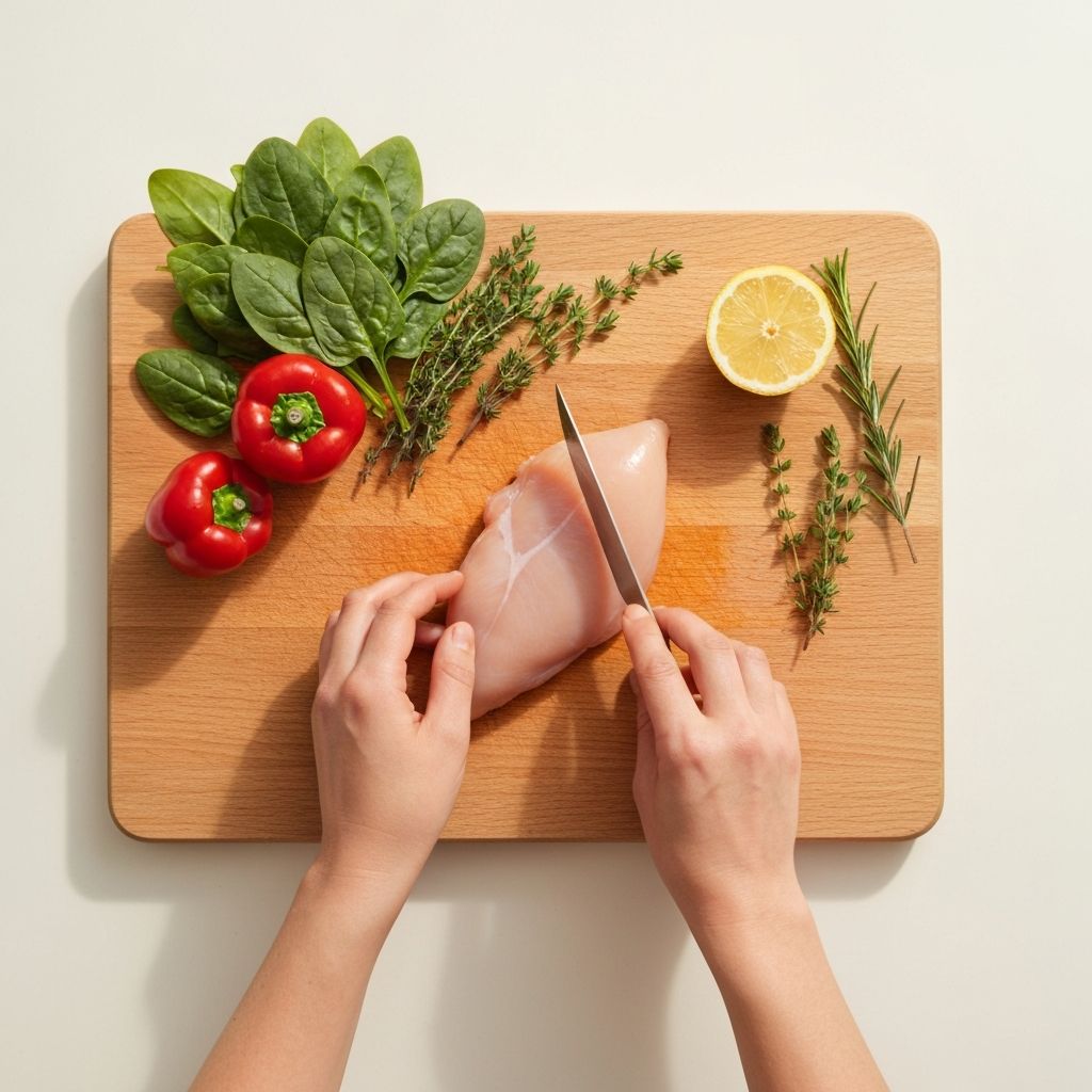 Ruke koja priprema svježe piletinu na reznoj dasci